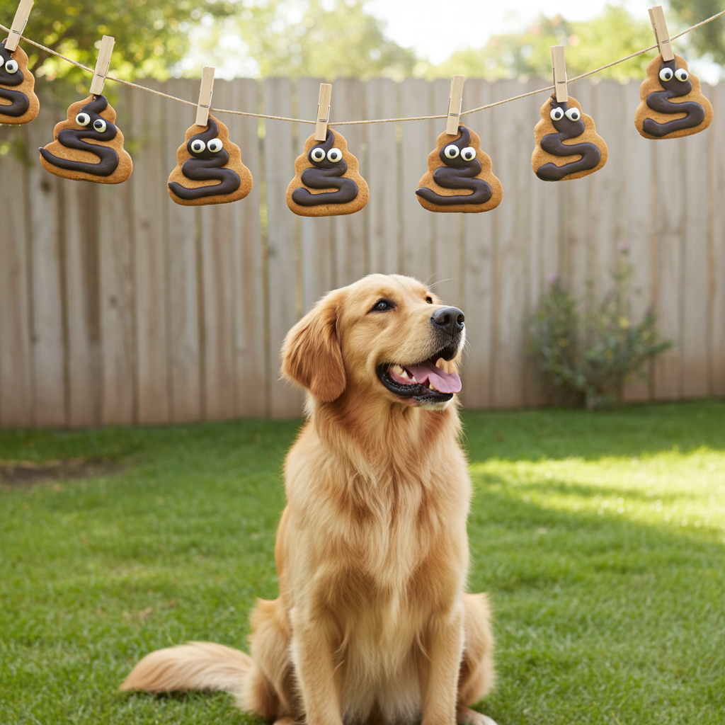 Dog sitting on grass with poop-shaped ORGANIC cookies with faces hanging on a line in the background