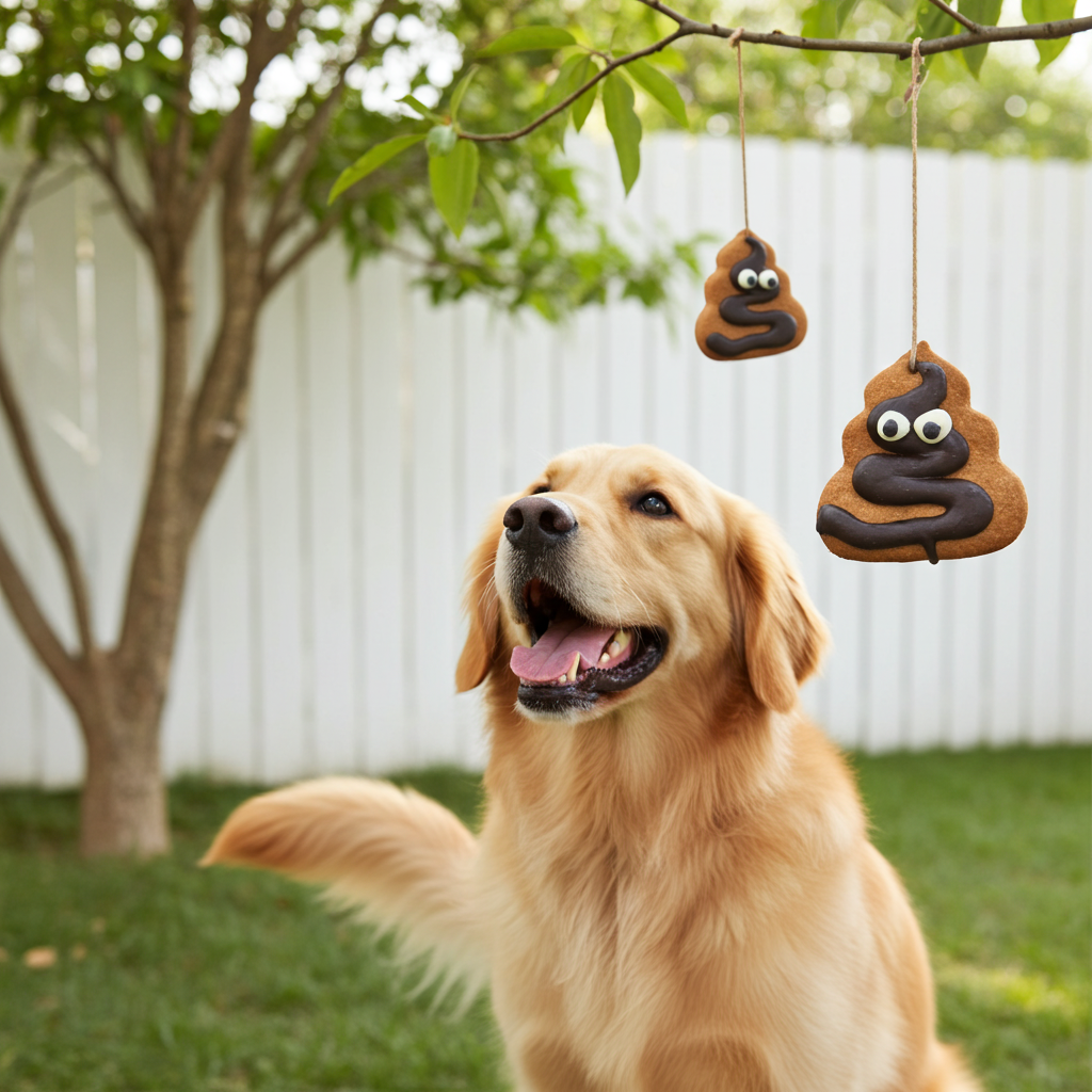 DOG WITH Funny poop-shaped organic dog cookies made with peanut butter and whole wheat flour.