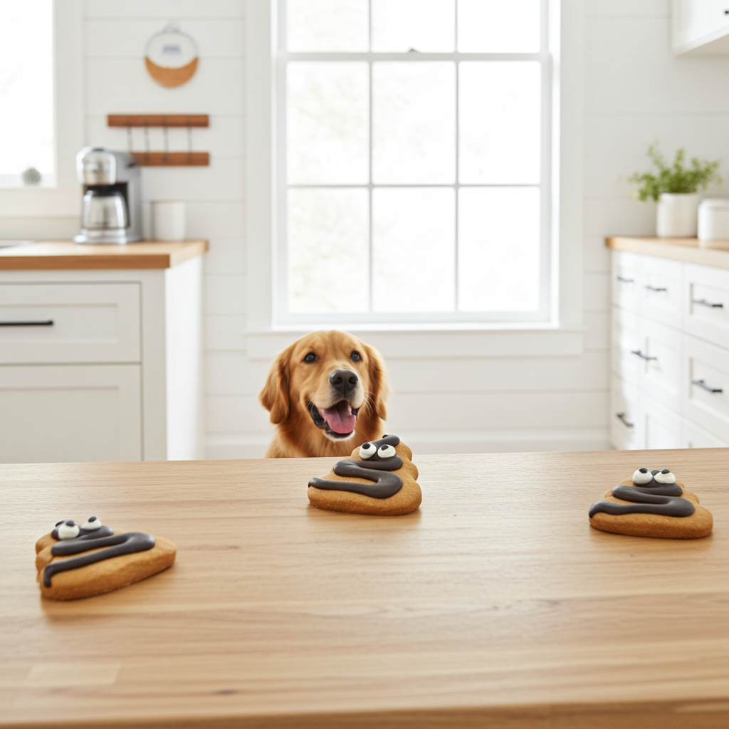 DOG WITH Funny poop-shaped organic dog cookies made with peanut butter and whole wheat flour.