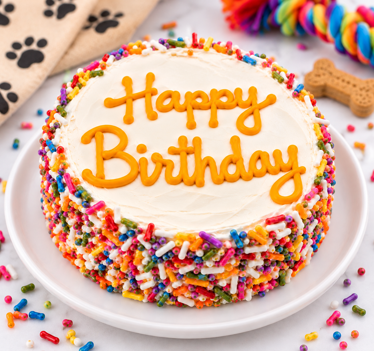 Happy Birthday organic dog cake with white icing, orange lettering, and colorful rainbow sprinkles, displayed on a cake stand with a smiling Golden Retriever in the background.