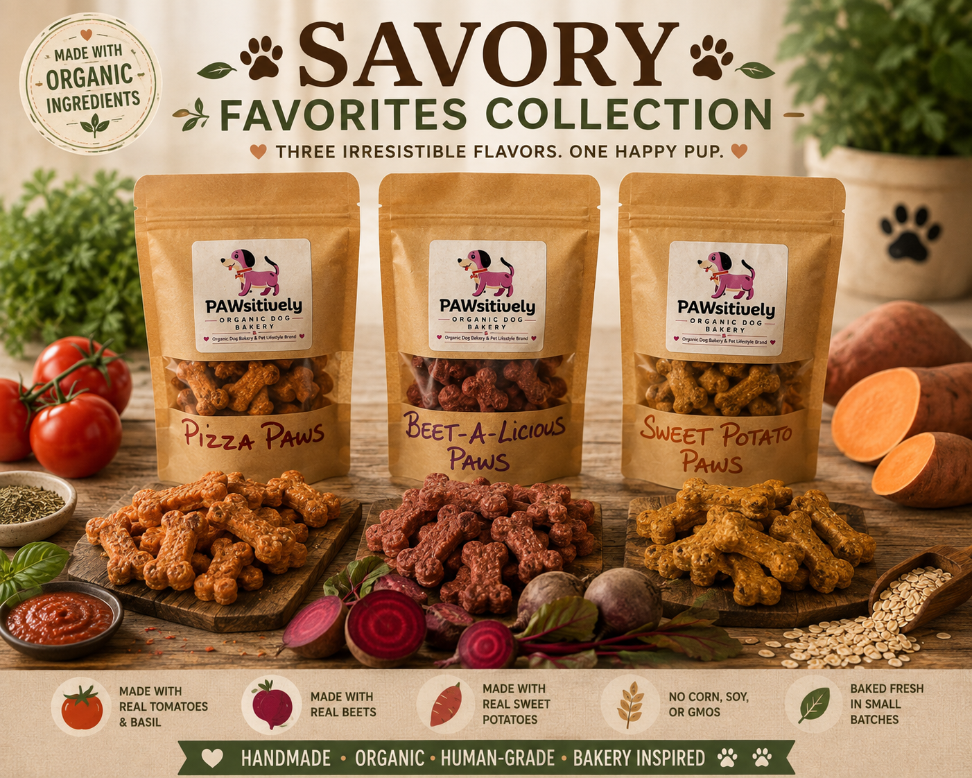 PAWsitively Organic Dog Bakery Savory Favorites Collection featuring Pizza Paws, Beetalicious Paws and Sweet Potato Paws organic dog treats