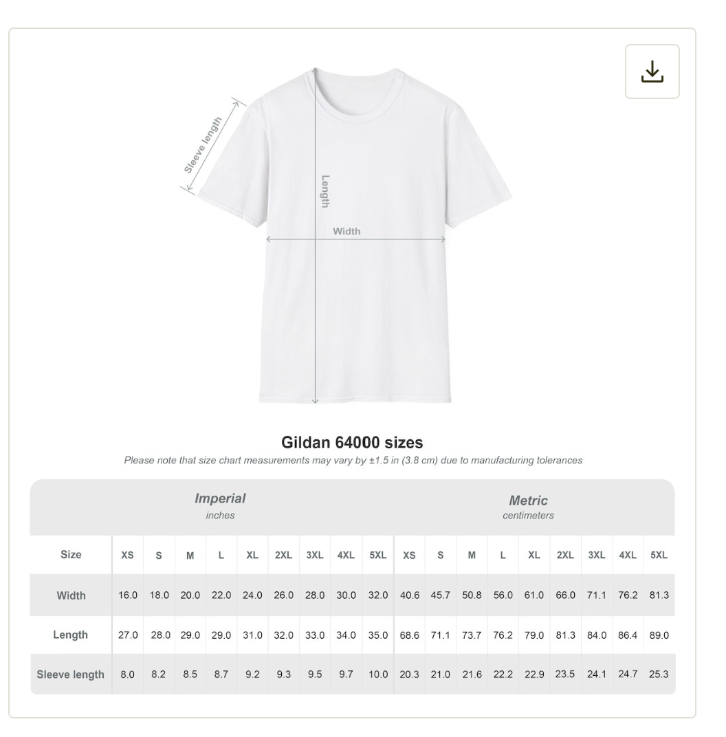 A size measurement graphic for a white short-sleeve T-shirt, showing front and side dimensions with a size chart table below labeled Gildan 64000 sizes in imperial and metric.