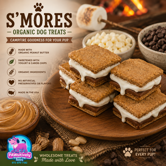 Handmade organic dog s’mores treats with peanut butter and yogurt icing. ROASTED MARSHMELLOWS CAMPFIRE