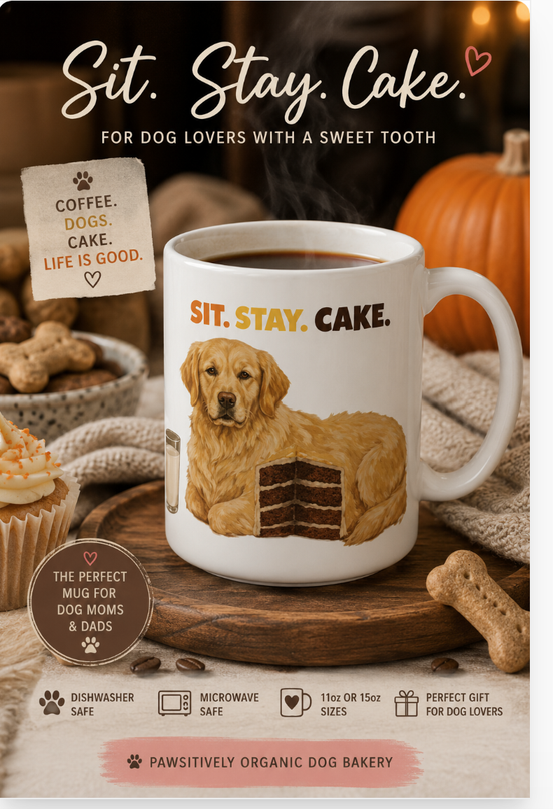 Sit Stay Cake Golden Retriever dog mom coffee mug with playful dog cake design.