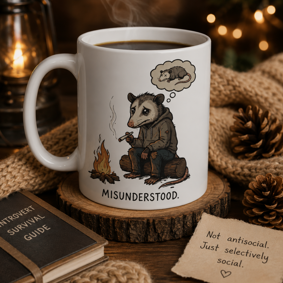 Funny misunderstood possum coffee mug with opossum meme design.