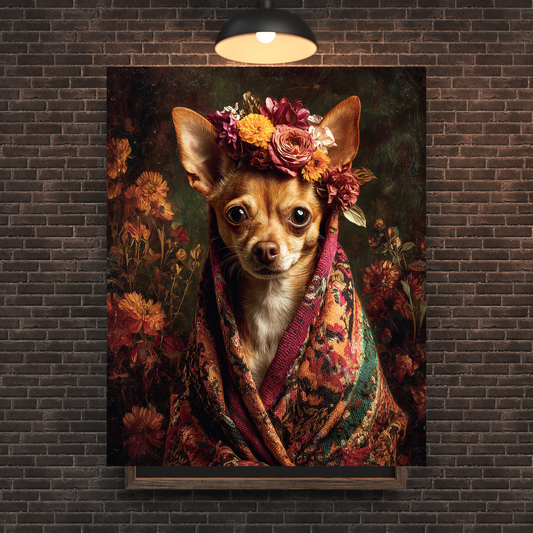 Frida-inspired TAN Chihuahua portrait wearing floral crown wrapped in woven textile printable wall art