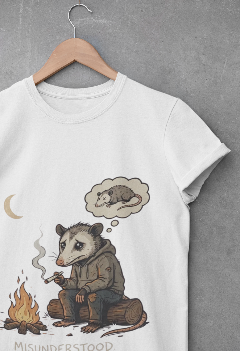 White t-shirt with an opossum graphic and text on a hanger against a gray background