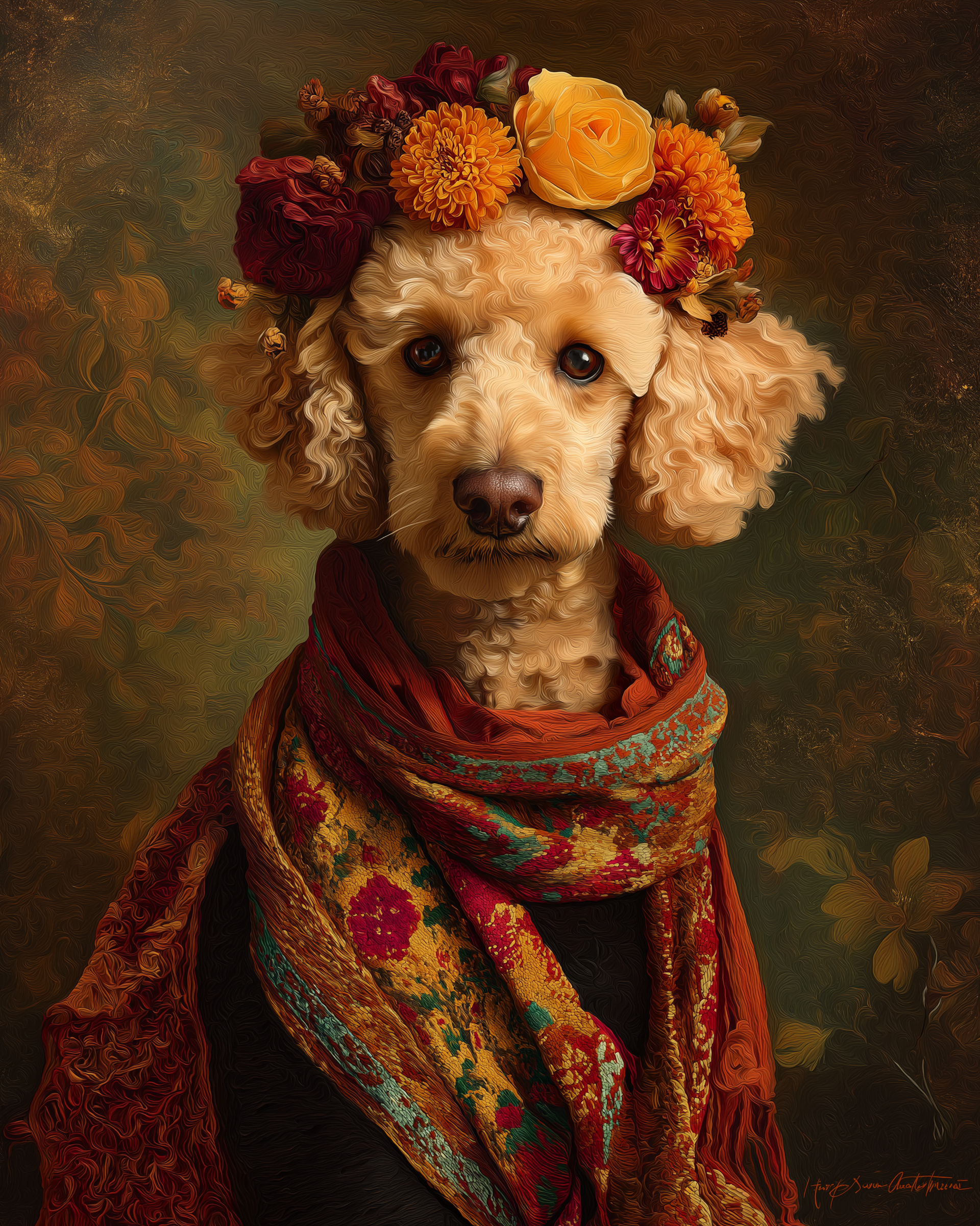 White Poodle wearing floral crown and colorful woven shawl in Frida-inspired printable wall art portrait