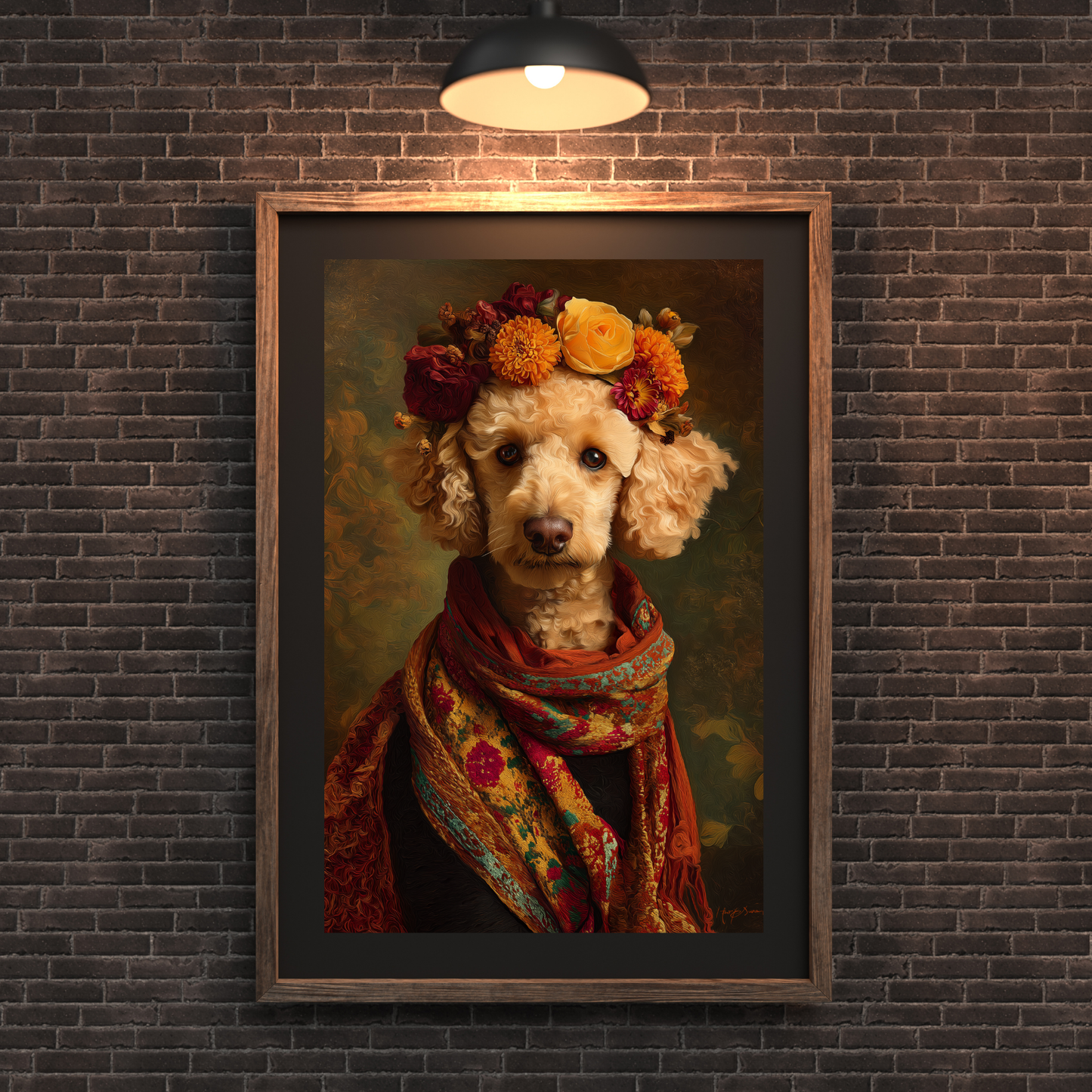 White Poodle wearing floral crown and colorful woven shawl in Frida-inspired printable wall art portrait