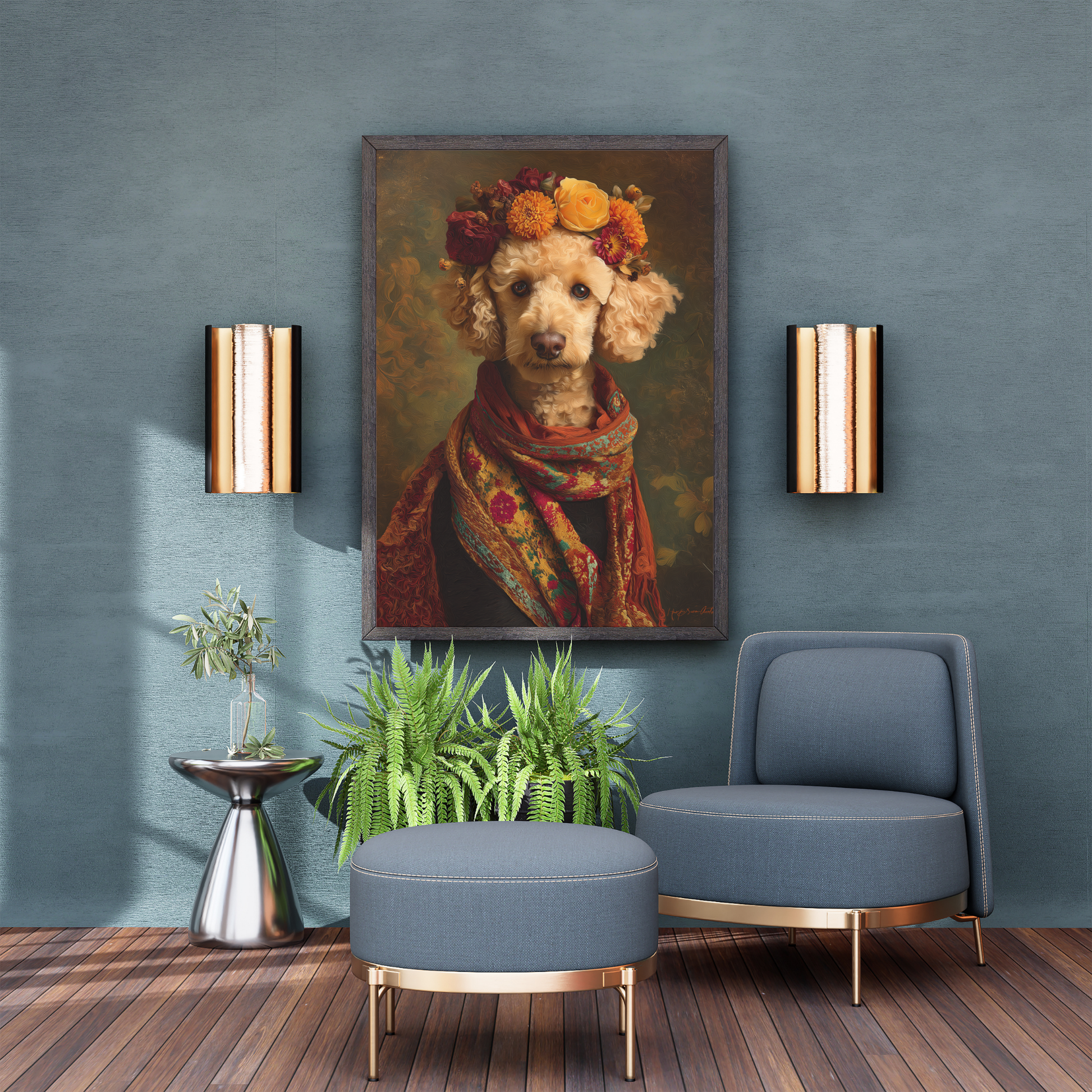 White Poodle wearing floral crown and colorful woven shawl in Frida-inspired printable wall art portrait
