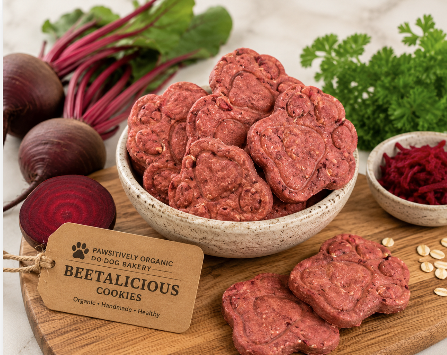 Organic Beetalicious paw-shaped dog treats handmade by PAWsitively Organic Dog Bakery