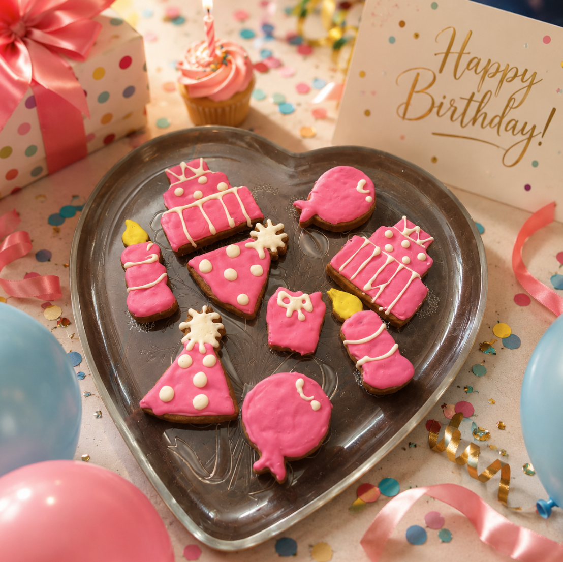 Organic birthday girl dog cookies in blue icing, handmade and perfect for pup celebrations.