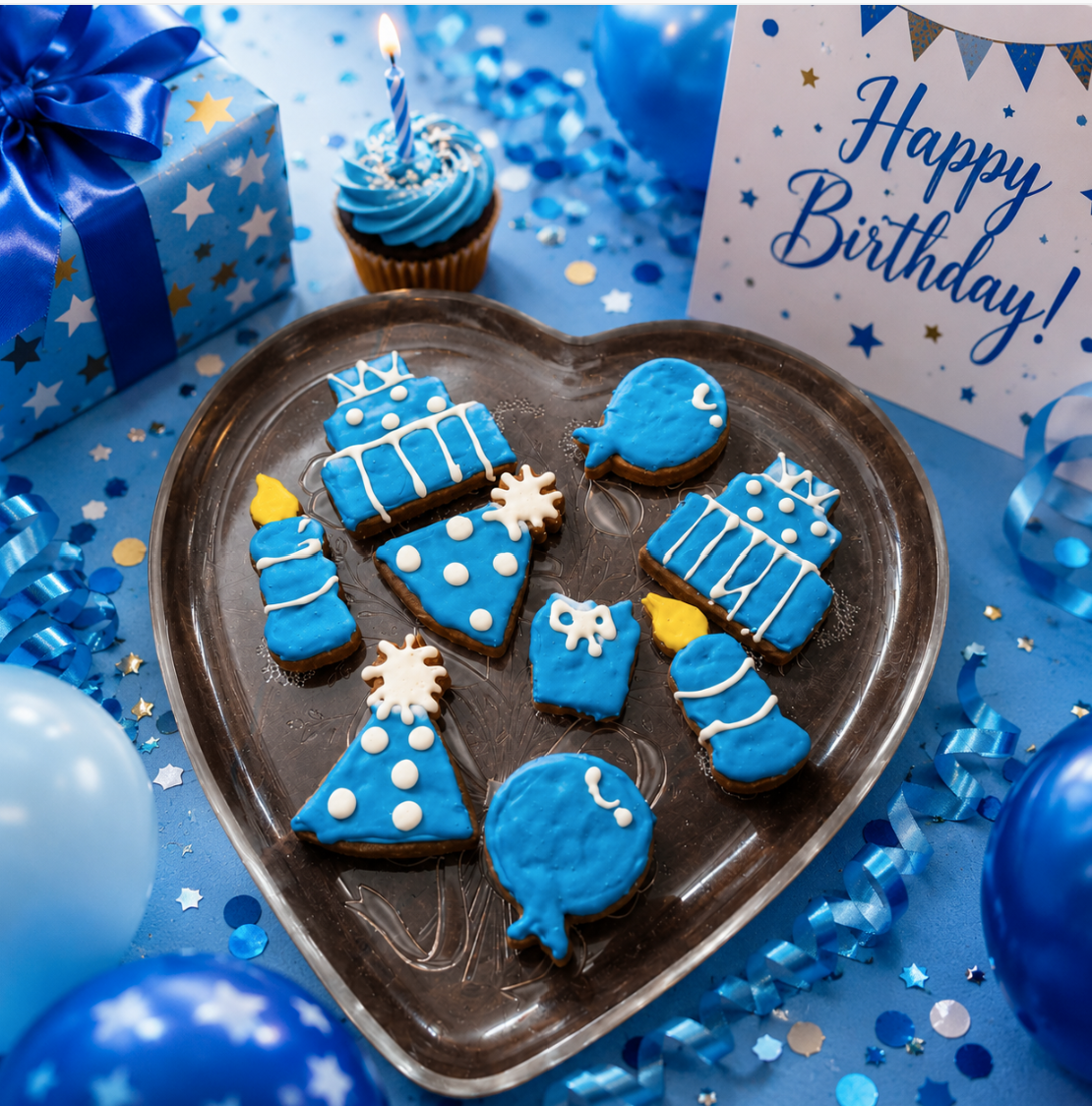 Organic birthday boy dog cookies in blue icing, handmade and perfect for pup celebrations.