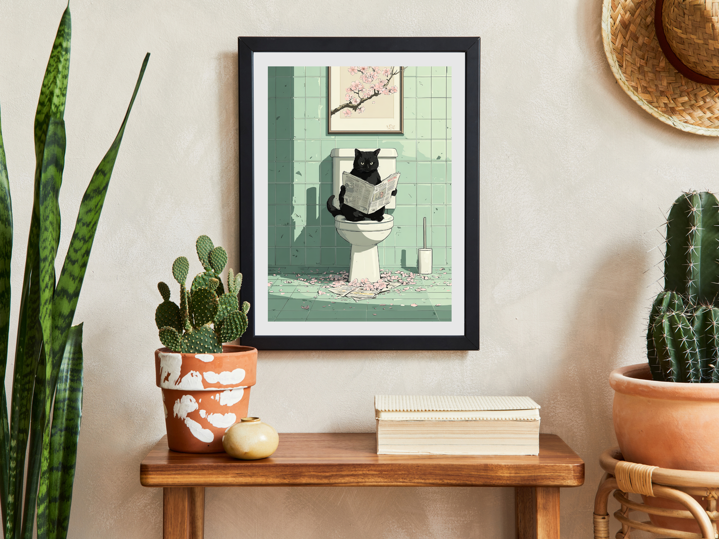 Black Cat Toilet Printable Wall Art | Japandi Bathroom Cat Print