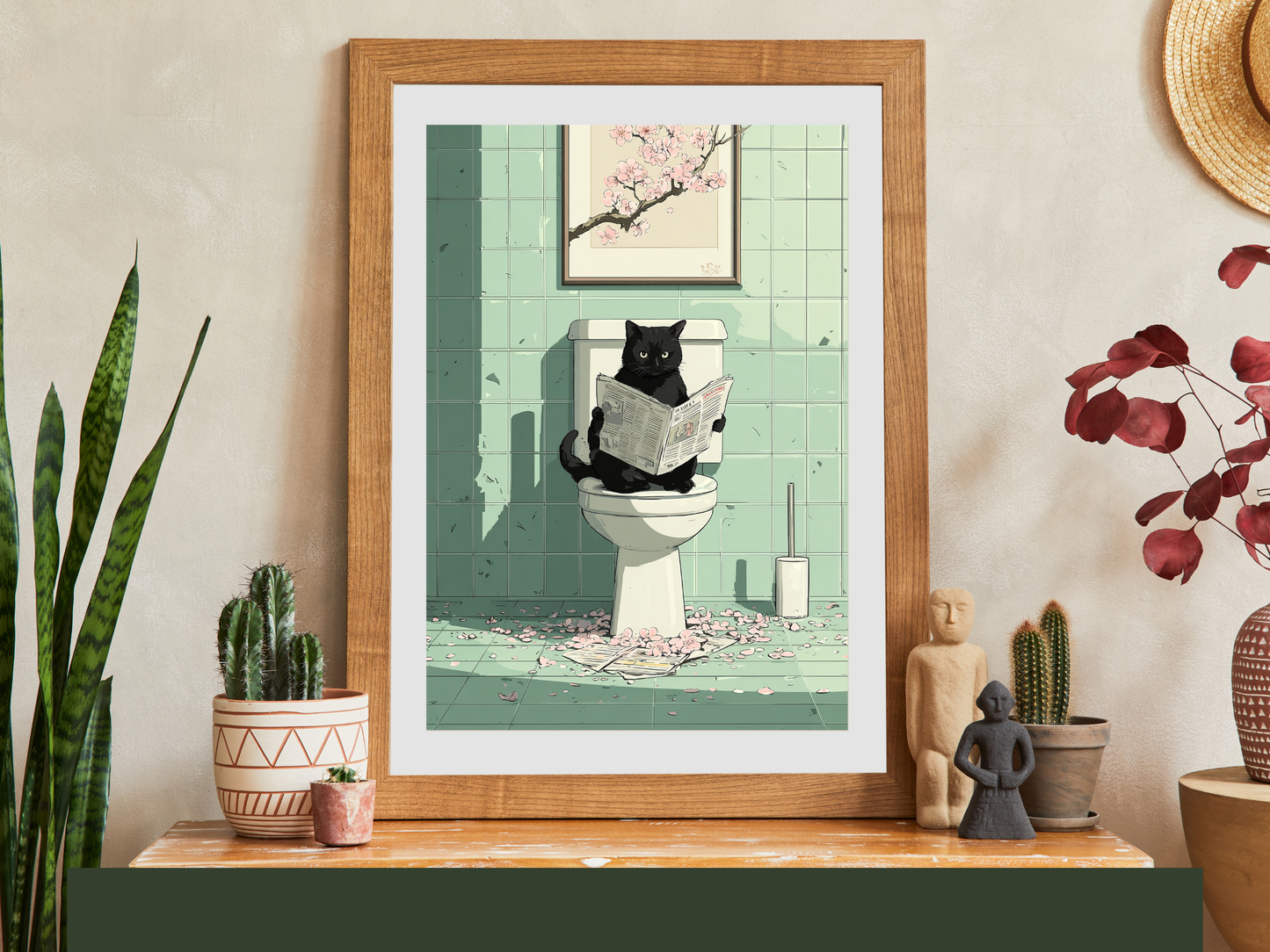 Black Cat Toilet Printable Wall Art | Japandi Bathroom Cat Print
