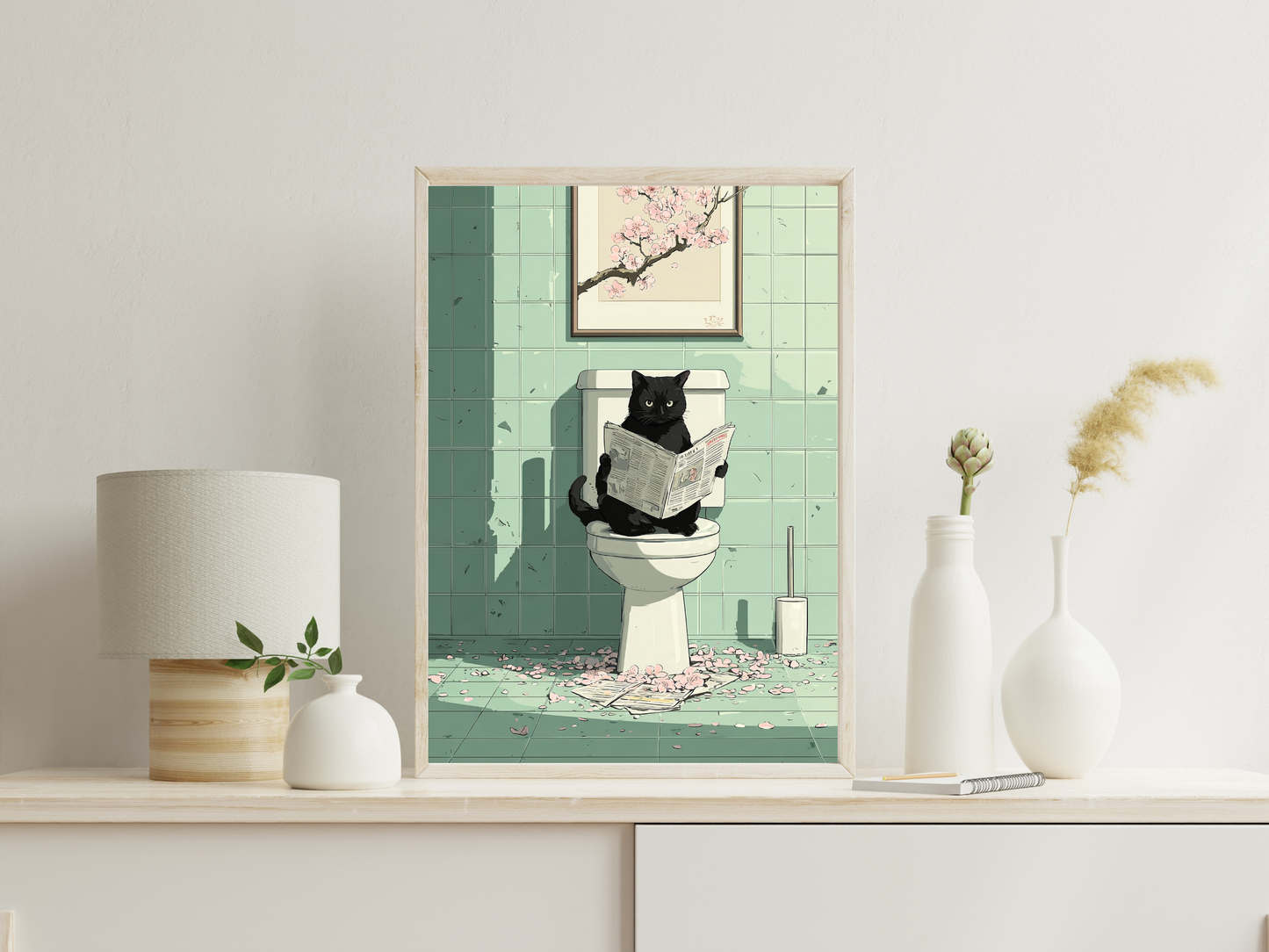 Black Cat Toilet Printable Wall Art | Japandi Bathroom Cat Print