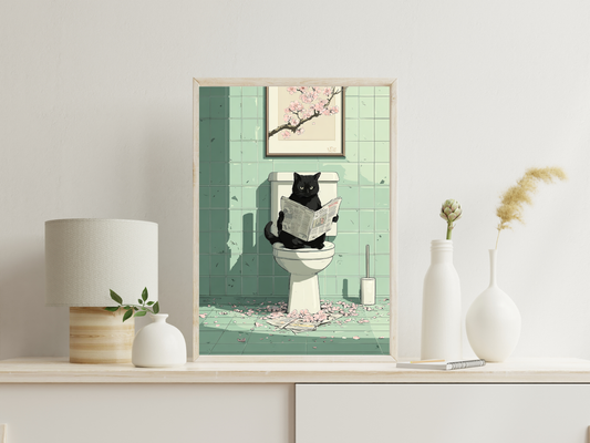 Black Cat Toilet Printable Wall Art | Japandi Bathroom Cat Print