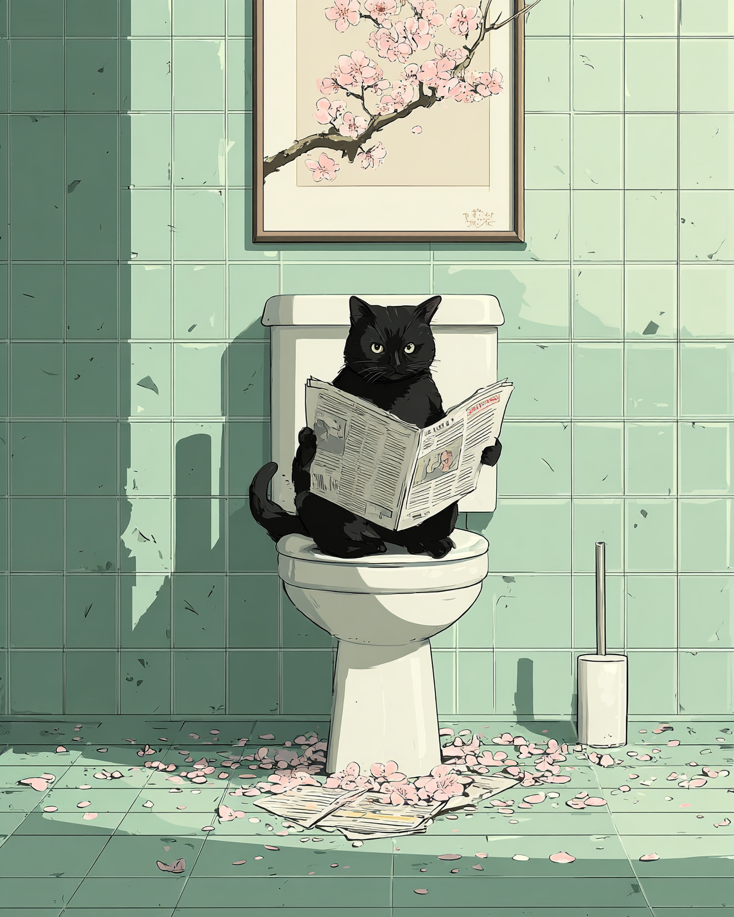 Black Cat Toilet Printable Wall Art | Japandi Bathroom Cat Print