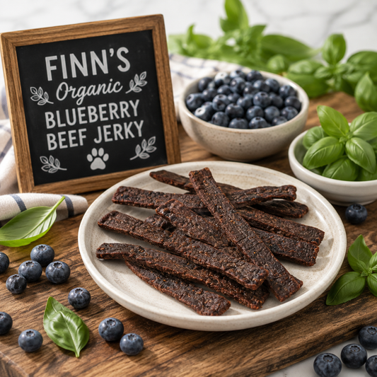 Organic Blueberry Beef Jerky dog treats made with beef, blueberries and basil by PAWsitively Organic Dog Bakery.