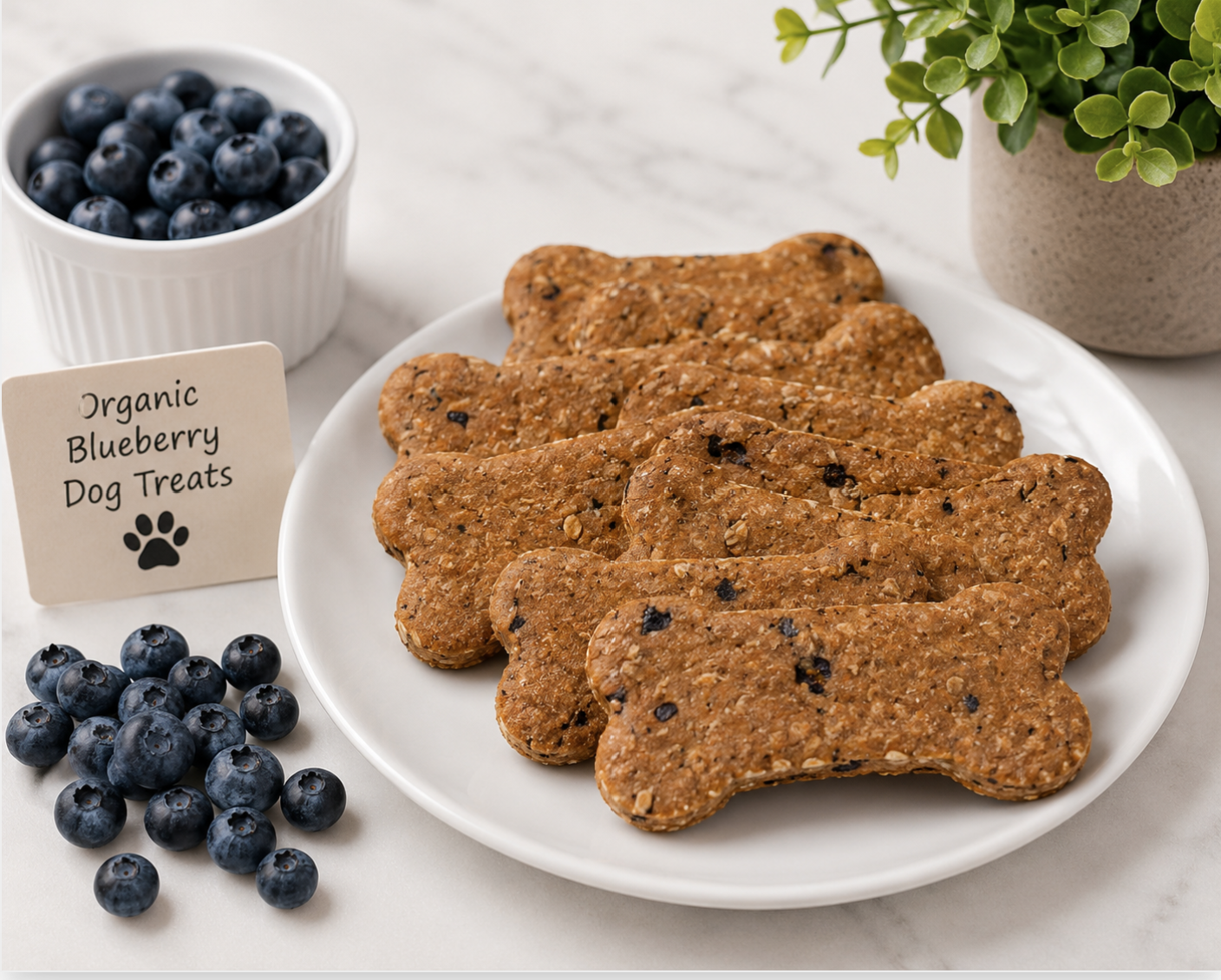 Organic Blueberry Bone Dog Treats made with wholesome ingredients and real blueberries, displayed on a white plate with fresh blueberries in a bright bakery-style setting. Handmade crunchy dog cookies crafted in small batches using organic ingredients. 🫐🐾💙