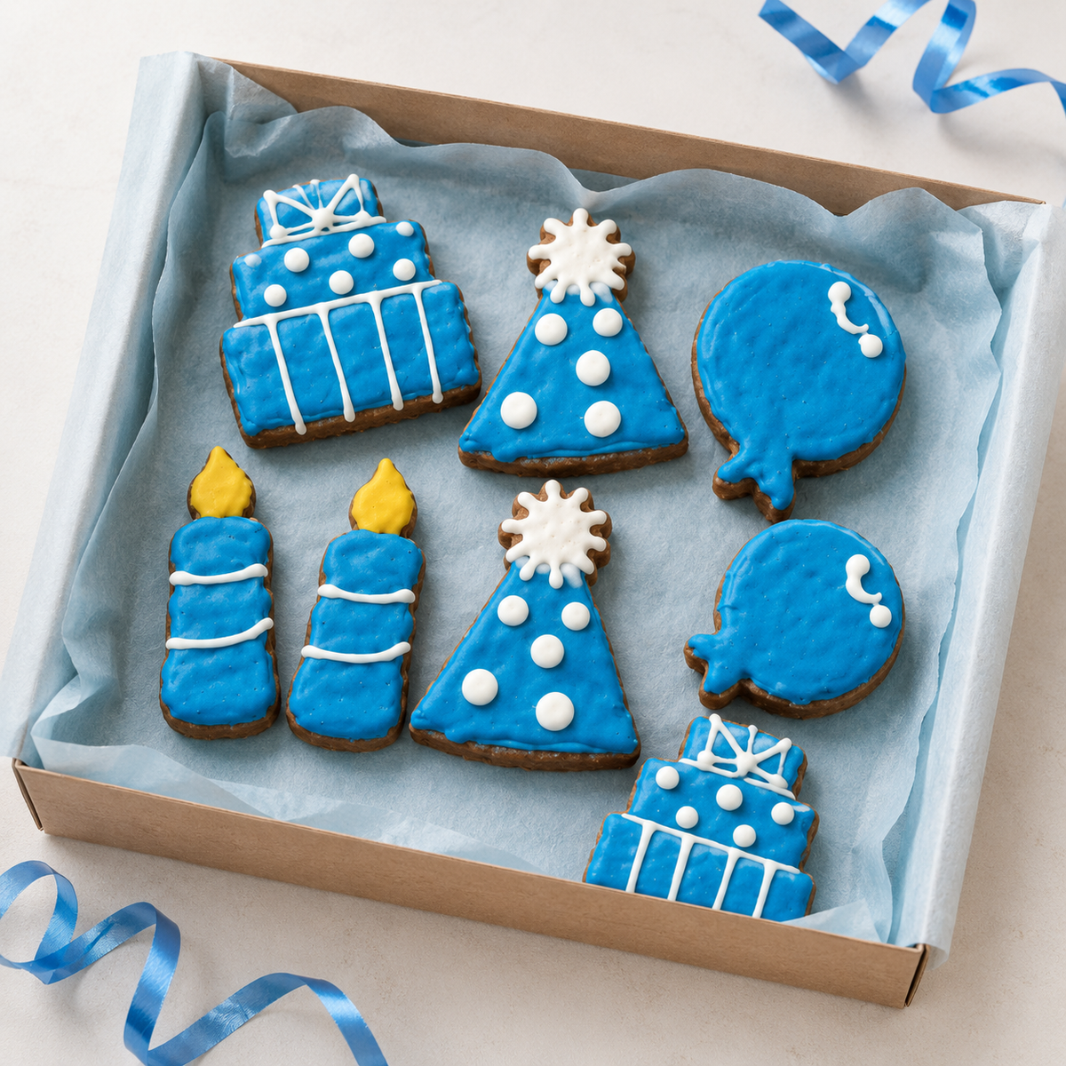 Organic birthday boy dog cookies in blue icing, handmade and perfect for pup celebrations.