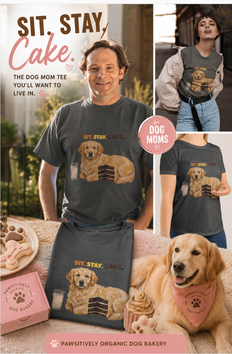 SIT STAY CAKE TSHIRT FOR THE DOG LOVER.