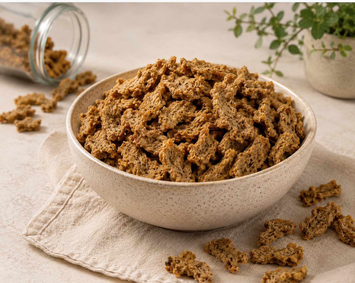 Golden-brown handmade cat treats styled in a speckled ceramic bowl with soft natural lighting, surrounded by scattered crunchy treats, a glass jar, and subtle greenery for a cozy artisan pet bakery aesthetic.