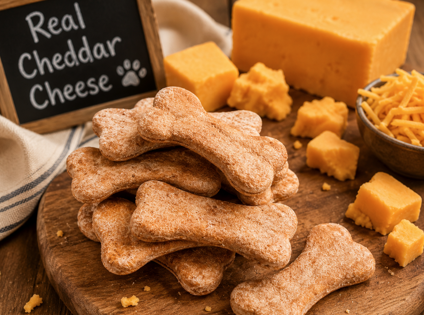 Bone-shaped cheddar cheese dog treats stacked on a rustic wooden board beside cubes and shredded real cheddar cheese. The homemade biscuits are displayed in a warm bakery-style setting with a small chalkboard sign reading ‘Real Cheddar Cheese,’ creating a cozy artisanal dog bakery feel.”