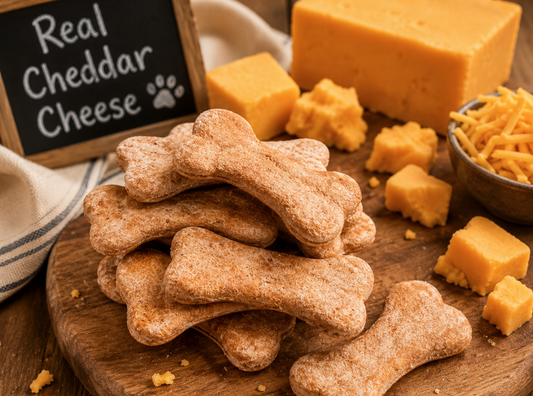 Bone-shaped cheddar cheese dog treats stacked on a rustic wooden board beside cubes and shredded real cheddar cheese. The homemade biscuits are displayed in a warm bakery-style setting with a small chalkboard sign reading ‘Real Cheddar Cheese,’ creating a cozy artisanal dog bakery feel.”