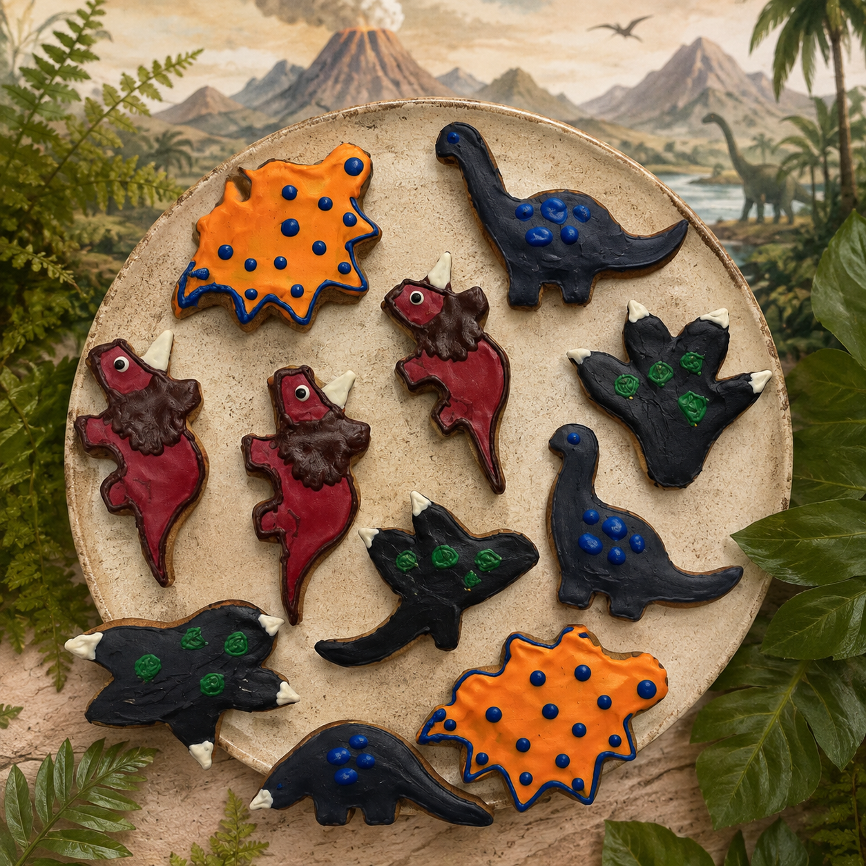Handcrafted organic dinosaur dog cookies decorated with colorful icing on a prehistoric-themed display by PAWsitively Organic Dog Bakery