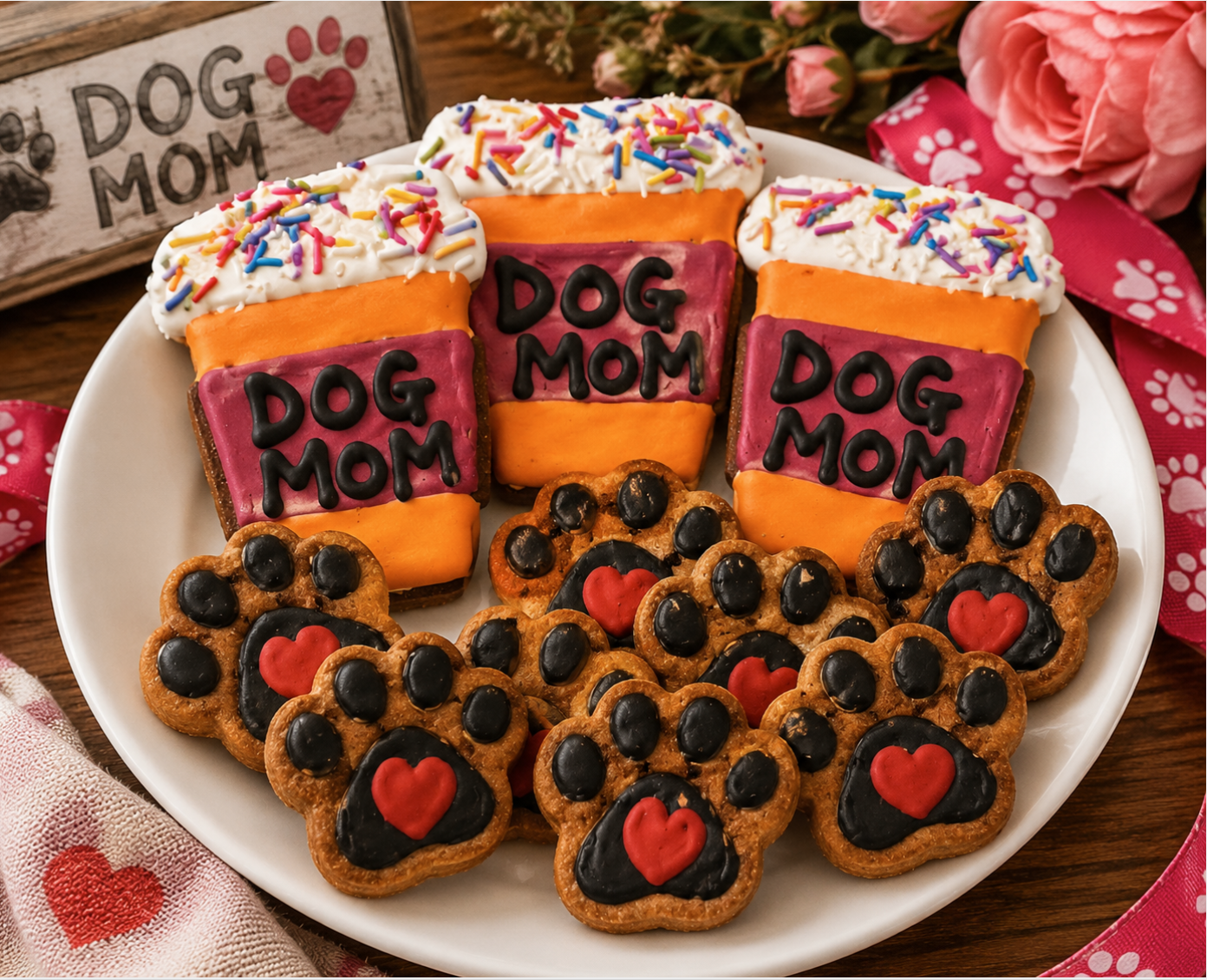Organic Dog Mom Cookies featuring decorated paw print cookies with heart accents and colorful "Dog Mom" coffee cup cookies. Handmade peanut butter dog treats displayed on a plate in a gift-inspired setting with pink flowers, paw print ribbon, and dog mom décor. 🐾💕☕