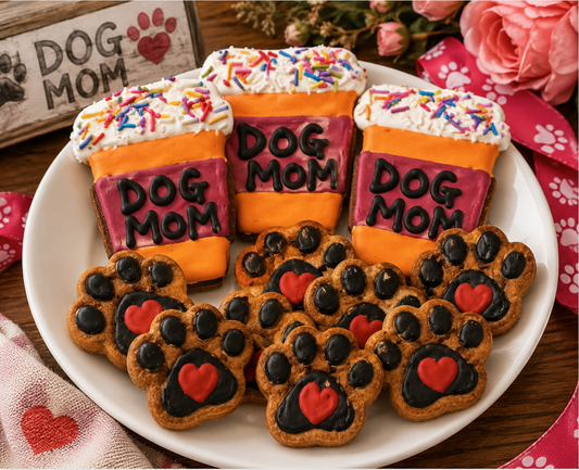 Organic Dog Mom Cookies featuring decorated paw print cookies with heart accents and colorful "Dog Mom" coffee cup cookies. Handmade peanut butter dog treats displayed on a plate in a gift-inspired setting with pink flowers, paw print ribbon, and dog mom décor. 🐾💕☕