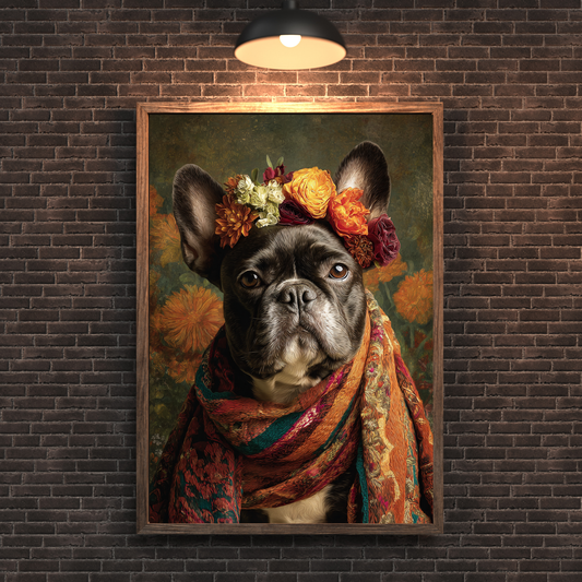 Frida-inspired French Bulldog portrait wearing floral crown and colorful woven shawl printable wall art
