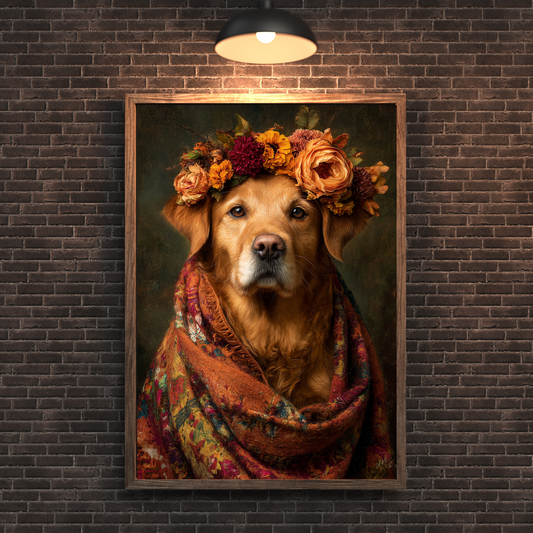 Golden Retriever wearing a floral crown and patterned woven shawl in Frida-inspired printable wall art portrait displayed in elegant frame mockup