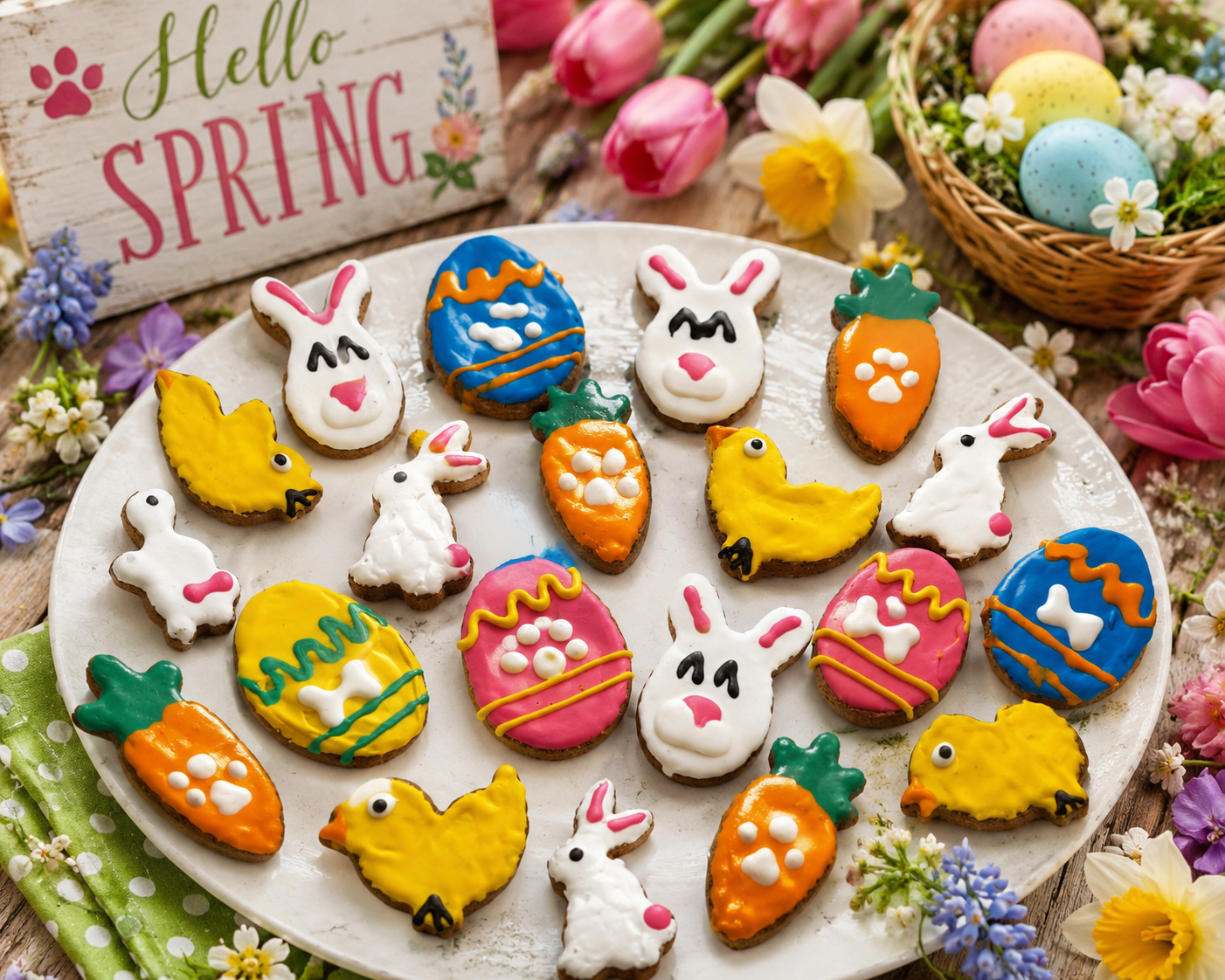 Colorful handmade spring dog cookies decorated as bunnies, chicks, carrots, and Easter eggs displayed on a rustic white plate surrounded by blooming spring flowers, pastel Easter eggs, and a cheerful ‘Hello Spring’ sign. The festive spring scene highlights organic bakery-style dog treats in bright pastel colors.