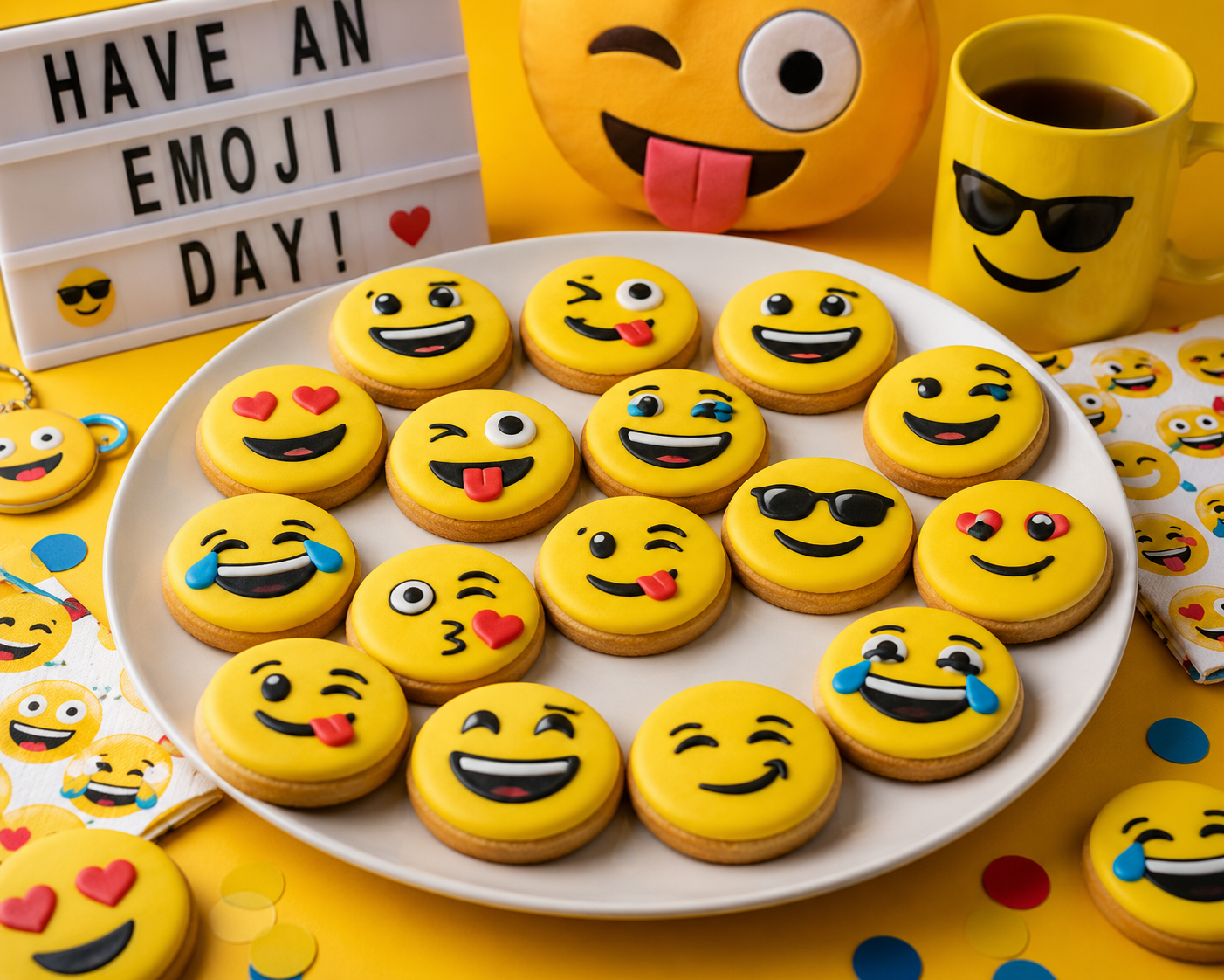 Plate of emoji-themed cookies with a 'Have an Emoji Day!' sign and coffee mug in the background.