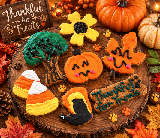 “Decorated fall-themed dog cookies displayed on a rustic wooden tray surrounded by pumpkins, autumn leaves, pinecones, berries, and warm glowing lights. The handmade cookies include a smiling pumpkin, cheerful orange leaf, sunflower, candy corn, spooky black cat, tree design, and a ‘Thankful for Treats’ bone cookie. The cozy autumn scene creates a festive harvest-inspired bakery atmosphere perfect for seasonal dog treats