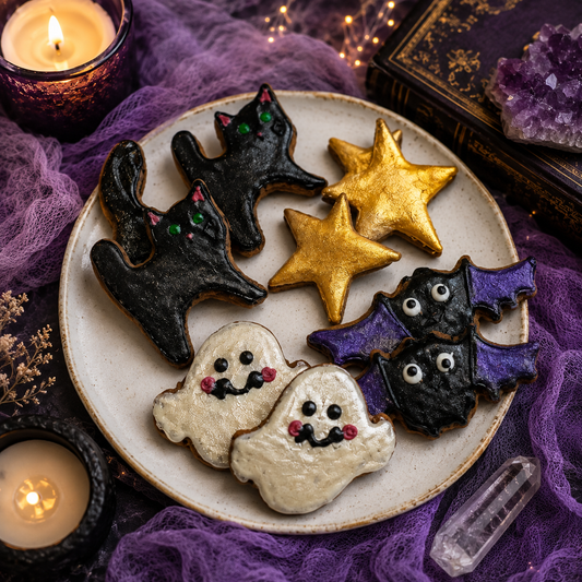 Handcrafted Familiar Friends Halloween dog cookies featuring black cats, ghosts, bats, and gold stars made with organic ingredients by PAWsitively Organic Dog Bakery