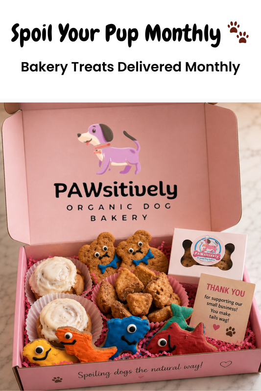 Organic gourmet dog bakery subscription box with handmade treats inside.inside.