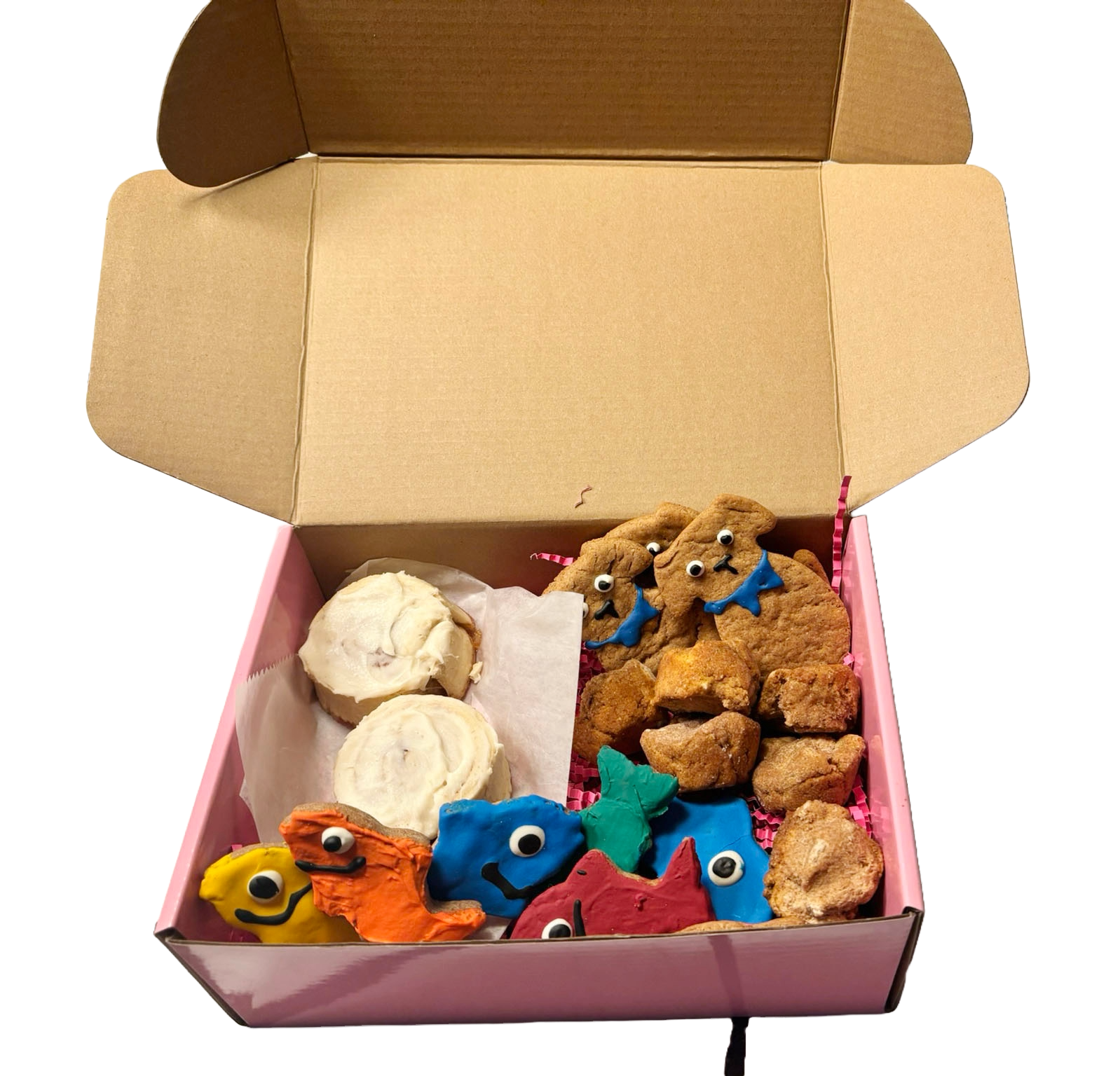 Organic gourmet dog bakery subscription box with handmade treats inside.inside.