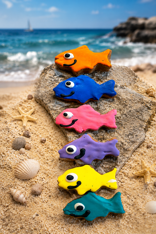 Colorful fish-shaped PAWaquarium dog treats  on the beach made with organic peanut butter and cinnamon.