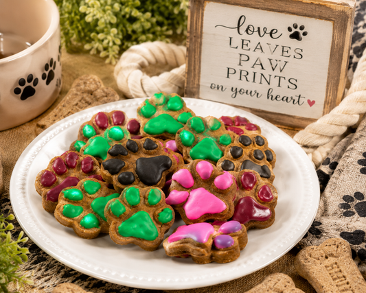 Colorful frosted paw-shaped dog cookies arranged on a white ceramic plate in a cozy pet-themed setting. The handmade organic treats feature pink, green, black, and burgundy icing details. The scene includes dog biscuits, a rope toy, greenery, a paw-print mug, and a rustic sign that reads ‘Love Leaves Paw Prints on Your Heart,’ creating a warm and inviting dog bakery atmosphere