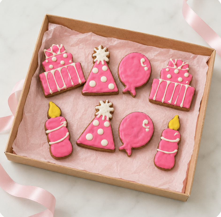 Organic birthday girl dog cookies in blue icing, handmade and perfect for pup celebrations.