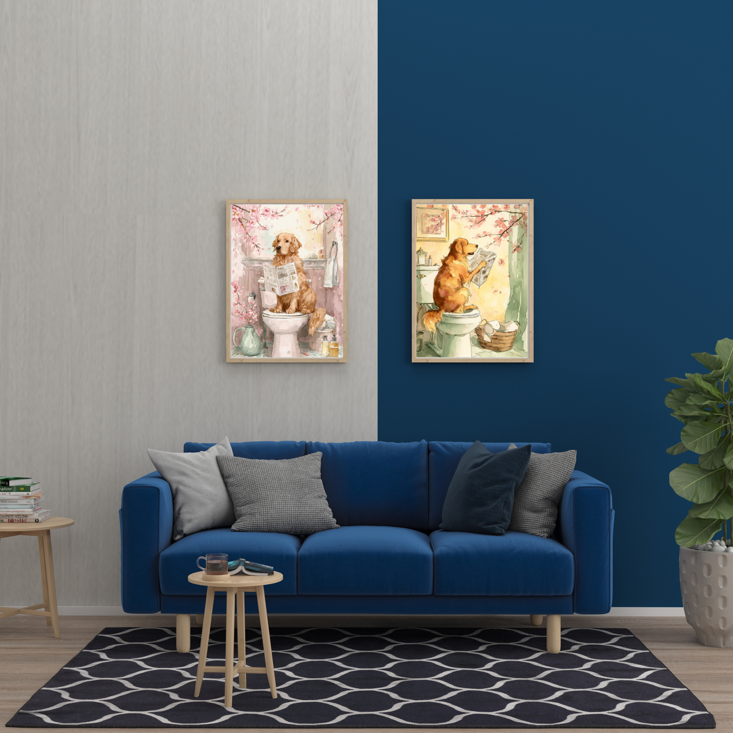 Set of two watercolor-style golden retriever bathroom art prints featuring dogs reading newspapers on toilets surrounded by soft cherry blossoms and cozy pastel decor.