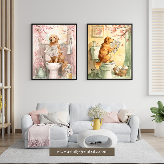 Set of two watercolor-style golden retriever bathroom art prints featuring dogs reading newspapers on toilets surrounded by soft cherry blossoms and cozy pastel decor.