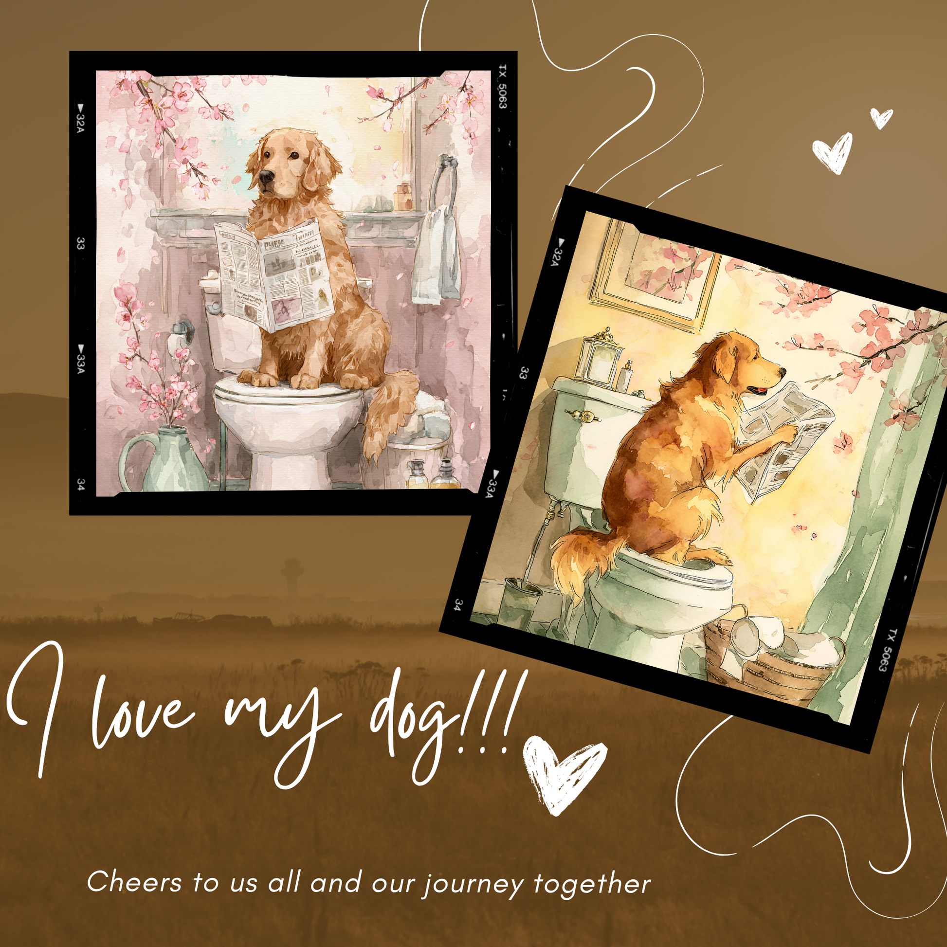 Set of two watercolor-style golden retriever bathroom art prints featuring dogs reading newspapers on toilets surrounded by soft cherry blossoms and cozy pastel decor.
