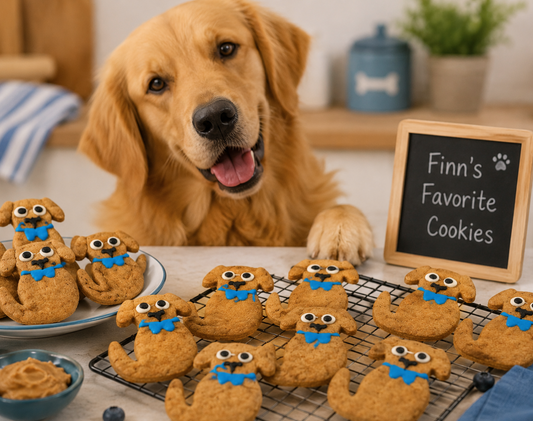 Finn organic peanut butter cookies with a golden retriever