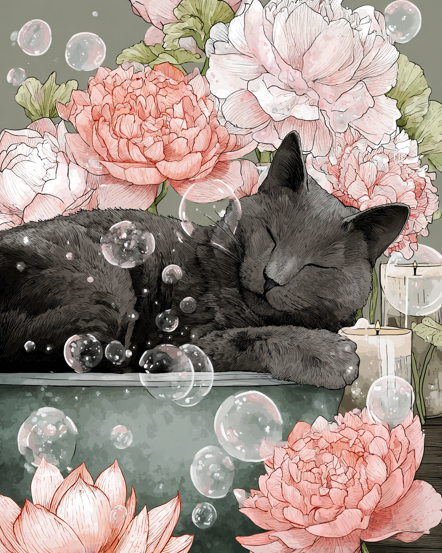 Sleeping gray cat relaxing in a vintage bathtub surrounded by pink peonies, lotus flowers, candles, and floating bubbles in a Japandi-inspired floral art print.