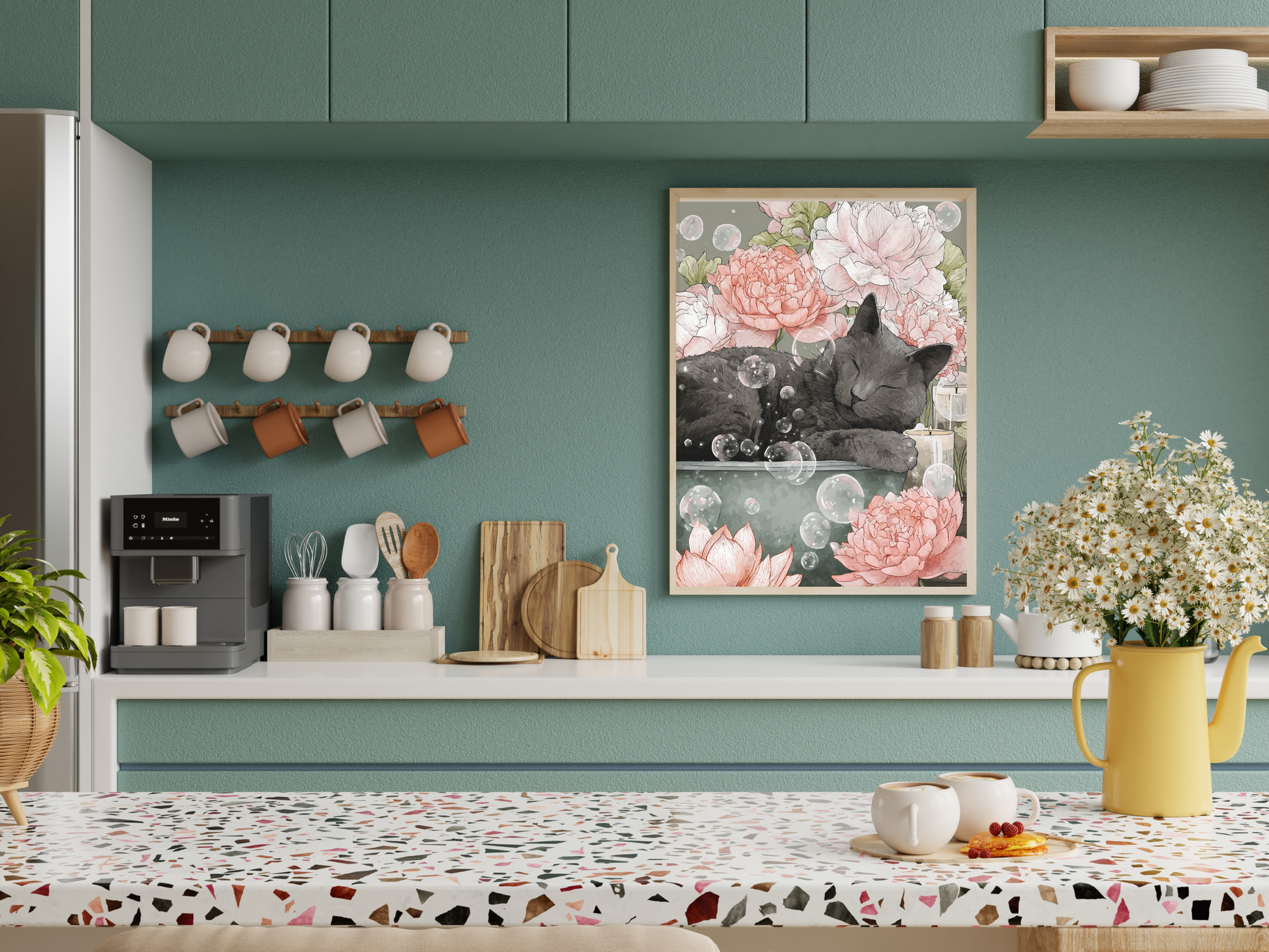 Sleeping gray cat relaxing in a vintage bathtub surrounded by pink peonies, lotus flowers, candles, and floating bubbles in a Japandi-inspired floral art print.