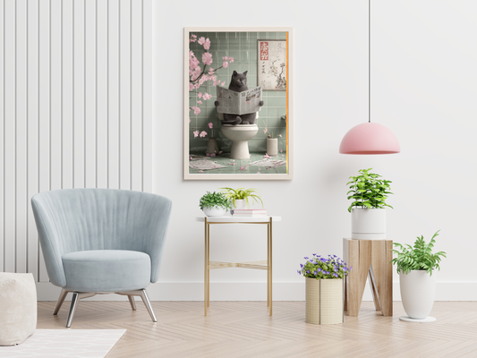 Gray cat sitting on a toilet reading a newspaper surrounded by cherry blossoms and sage green tiled walls in a whimsical Japandi bathroom art print.